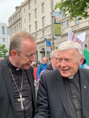 Archbishop Eamon Martin talking with Archbishop Michael Neary of Tuam at the Rally for LIfe in Dublin.